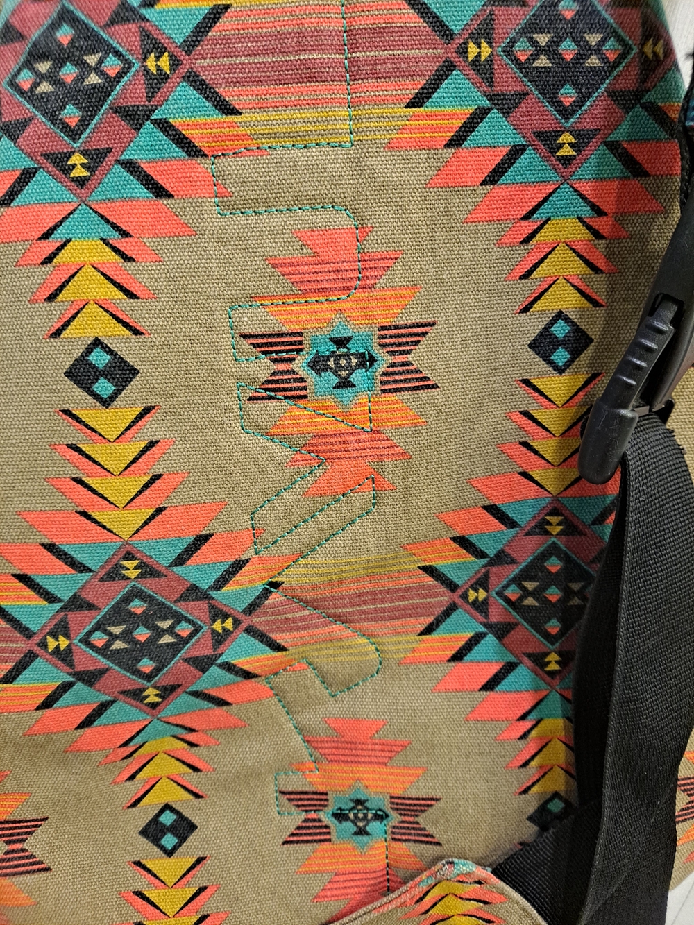 Kavu 'Mojave Dunes' Tan Rope Sling Bag Teal Orange Aztec Accents Canvas Tote - Picture 6 of 12
